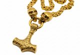 Gold Large Thor's Hammer Pendant 7mm Byzantine Stainless-Steel Necklace SP54