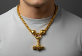 Gold Large Thor's Hammer Pendant 7mm Byzantine Stainless-Steel Necklace SP54