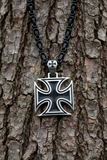 Large Iron Cross Pendant & 7mm Black Byzantine Chain Men's Necklace Stainless Steel SP115-B-BLK