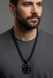 Large Iron Cross Pendant & 7mm Black Byzantine Chain Men's Necklace Stainless Steel SP115-B-BLK