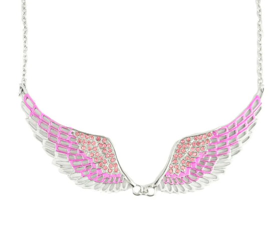 Large Ladies Pink Bling Angel Wing Pendant Necklace Stainless Steel SP15