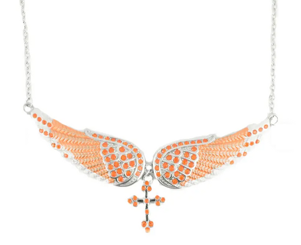 Large Women's Orange Bling Angel Wing Crystal Necklace with Religious Cross SP18