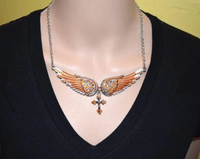 Large Women's Orange Bling Angel Wing Crystal Necklace with Religious Cross SP18
