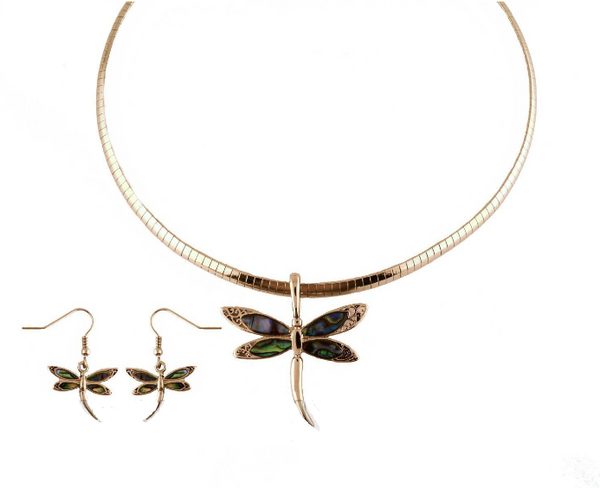 Biker Jewelry Ladies Dragonfly Pendant Omega Necklace Matching Earrings Set Stainless Steel SP20