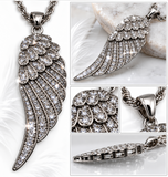 Large Angel Wing & Bling Pendant on Rope Chain Lady Biker Necklace Stainless Steel SP21