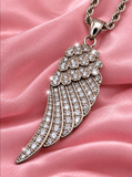 Large Angel Wing & Bling Pendant on Rope Chain Lady Biker Necklace Stainless Steel SP21