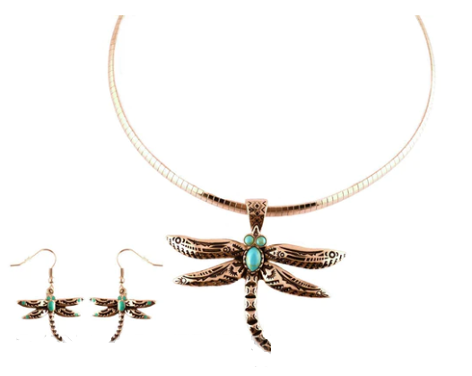 Heavy Metal Jewelry Ladies Dragonfly Pendant Omega Necklace Matching Earrings Set Stainless Steel SP24