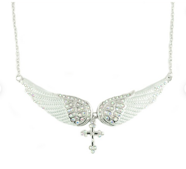 Ladies Large iridescent Crystal Bling Angel Wing White Necklace with Religious Cross SP28