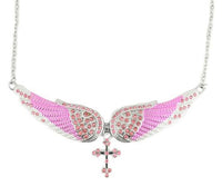 Heavy Metal Jewelry Ladies Large Pink Bling Angel Wing Cross Pendant Necklace Stainless Steel SP29