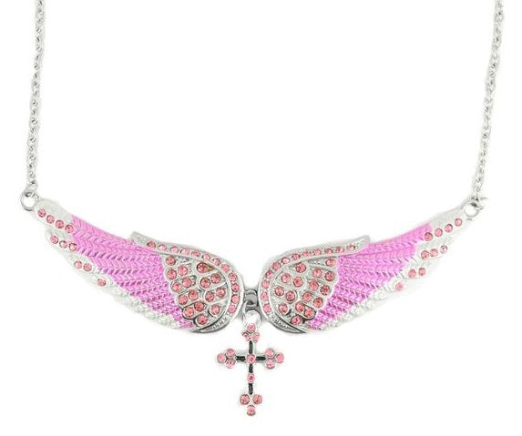Heavy Metal Jewelry Ladies Large Pink Bling Angel Wing Cross Pendant Necklace Stainless Steel SP29