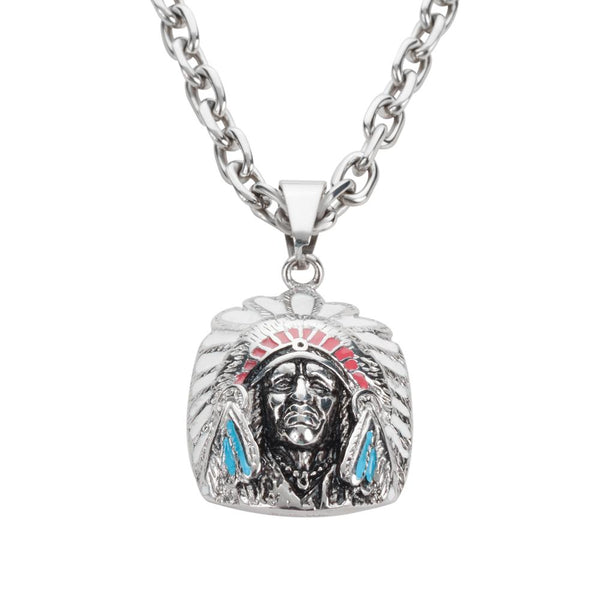 Large Indian Headdress Pendant Designer Link Necklace Biker Jewelry Stainless Steel SP33L