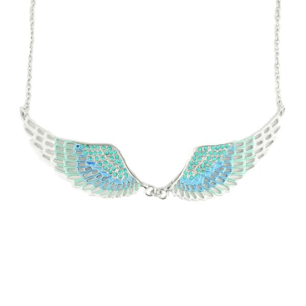 Heavy Metal Jewelry Ladies Blue Bling Angel Wing Pendant Necklace Stainless Steel SP37