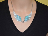 Heavy Metal Jewelry Ladies Blue Bling Angel Wing Pendant Necklace Stainless Steel SP37