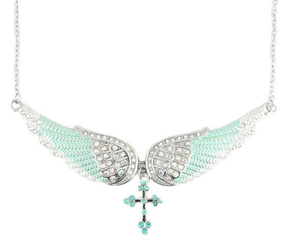 Heavy Metal Jewelry Ladies Large Turquoise Bling Angel Wing Cross Pendant Necklace Stainless Steel SP41