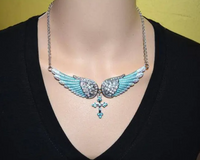 Heavy Metal Jewelry Ladies Large Turquoise Bling Angel Wing Cross Pendant Necklace Stainless Steel SP41