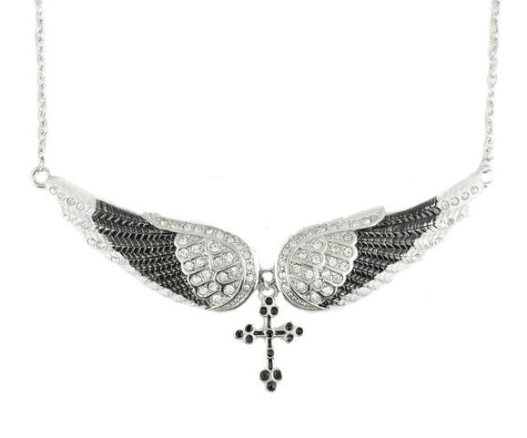 Heavy Metal Jewelry Ladies Large Black Bling Angel Wing Cross Pendant Necklace Stainless Steel SP42