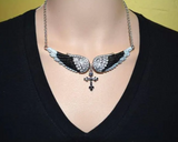 Heavy Metal Jewelry Ladies Large Black Bling Angel Wing Cross Pendant Necklace Stainless Steel SP42
