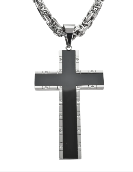 Heavy Metal Jewelry Onyx Inlay Cross Pendant Necklace Stainless Steel Religious Jewelry SP46