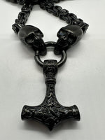 Black Thor's Hammer Pendant 7mm Byzantine Stainless-Steel Necklace SP54