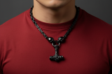 Black Thor's Hammer Pendant 7mm Byzantine Stainless-Steel Necklace SP54