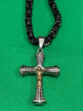 3" Crucifix Cross Pendant Necklace on Black Byzantine Link Chain SP56-B