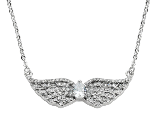 Biker Jewelry Ladies Double Angel Wing Crystal Pear Shaped Center Pendant Necklace Stainless Steel SP58