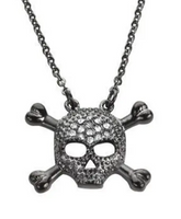 Ladies Black Skull Cross Bone Crystal Bling Pendant Necklace Stainless Steel SP61