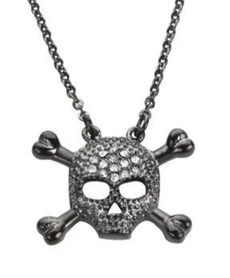Ladies Black Skull Cross Bone Crystal Bling Pendant Necklace Stainless Steel SP61