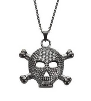 Ladies Big Black Skull Cross Bone Crystal Bling Pendant Necklace Stainless Steel SP62
