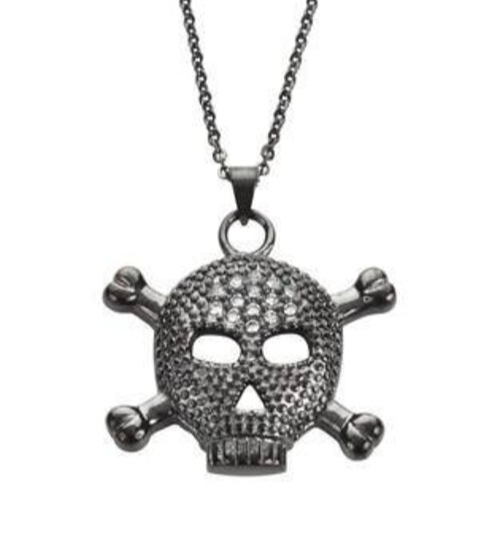 Ladies Big Black Skull Cross Bone Crystal Bling Pendant Necklace Stainless Steel SP62