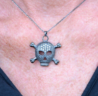 Ladies Big Black Skull Cross Bone Crystal Bling Pendant Necklace Stainless Steel SP62