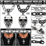 Large Skull Necklace Pendant & Figaro Link Chain Men's Biker Stainless Steel SP72-FIG