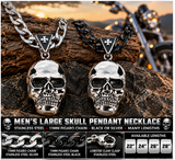 Large Skull Necklace Pendant & Figaro Link Chain Men's Biker Stainless Steel SP72-FIG