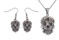 Ladies Sugar Skull Pendant Stainless Steel Matching Earrings Set Necklace SP74S