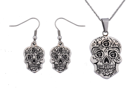 Ladies Sugar Skull Pendant Stainless Steel Matching Earrings Set Necklace SP74S