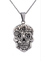 Ladies Sugar Skull Pendant Stainless Steel Matching Earrings Set Necklace SP74