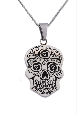 Ladies Sugar Skull Pendant Stainless Steel Matching Earrings Set Necklace SP74