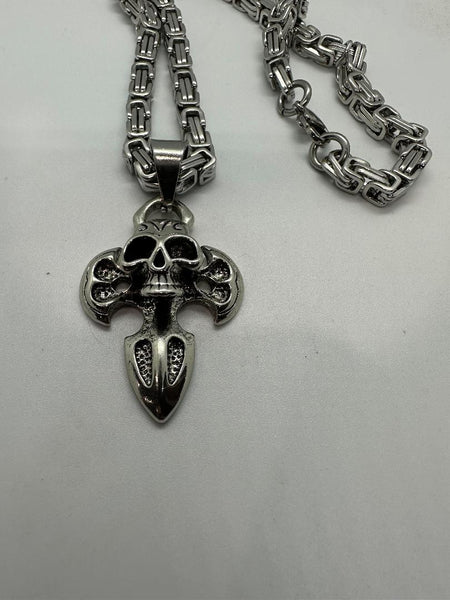 Stainless Steel Skull on Knife Cross 6mm 24-inch Byzantine Chain SP7