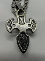 Stainless Steel Skull on Knife Cross 6mm 24-inch Byzantine Chain SP7