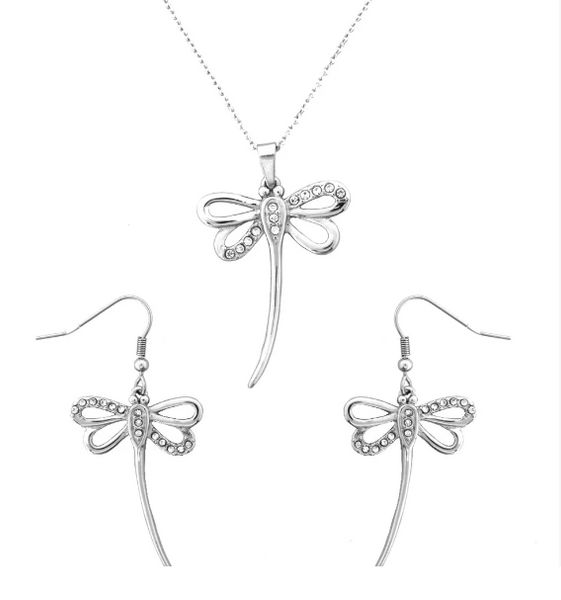 Ladies Dragonfly Pendant Necklace Stainless Steel Matching Earrings Set SP83S