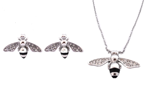 Heavy Metal Jewelry Ladies Bee Pendant Necklace Matching Earrings Set Stainless Steel SP84