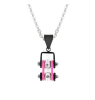 Biker Jewelry Ladies Mini Bike Chain Pendant Necklace Stainless Steel Black & Hot Pink SP89