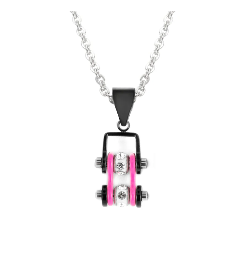 Biker Jewelry Ladies Mini Bike Chain Pendant Necklace Stainless Steel Black & Hot Pink SP89