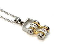 Women's Mini Motorcycle Bike Chain Pendant Chrome & Gold Stainless Steel SP90