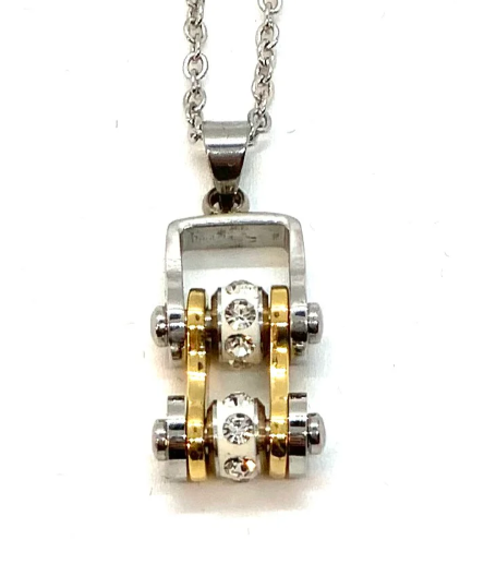 Women's Mini Motorcycle Bike Chain Pendant Chrome & Gold Stainless Steel SP90