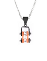 Biker Jewelry Ladies Mini Bike Chain Pendant Necklace Stainless Steel Black & Orange SP95