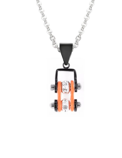 Biker Jewelry Ladies Mini Bike Chain Pendant Necklace Stainless Steel Black & Orange SP95