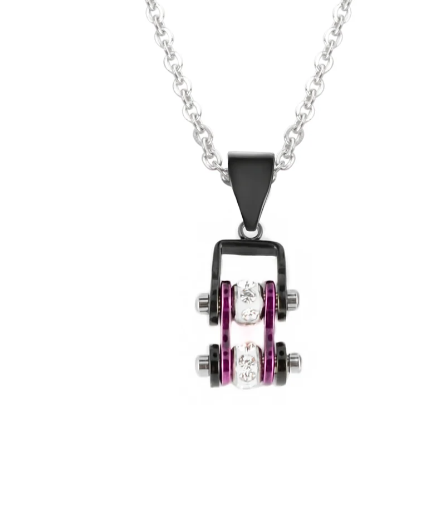 Biker Jewelry Women's Mini Motorcycle Bike Chain Pendant Black & an Electrifying Purple Stainless Steel SP96