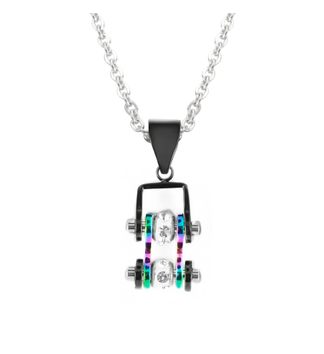 Heavy Metal Jewelry Ladies Mini Bike Chain Pendant Necklace Stainless Steel Black & Rainbow SP97