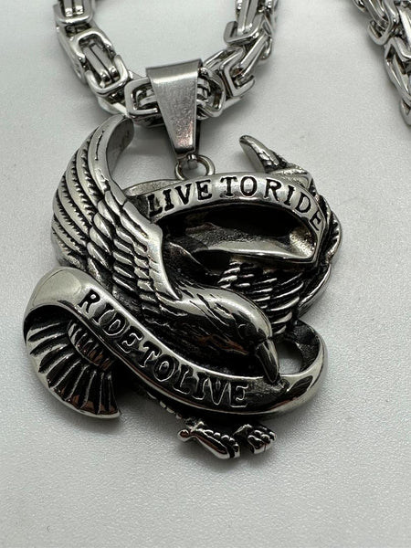 Live to Ride / Ride to Live Stainless Steel Biker Pendant Byzantine Chain SP9